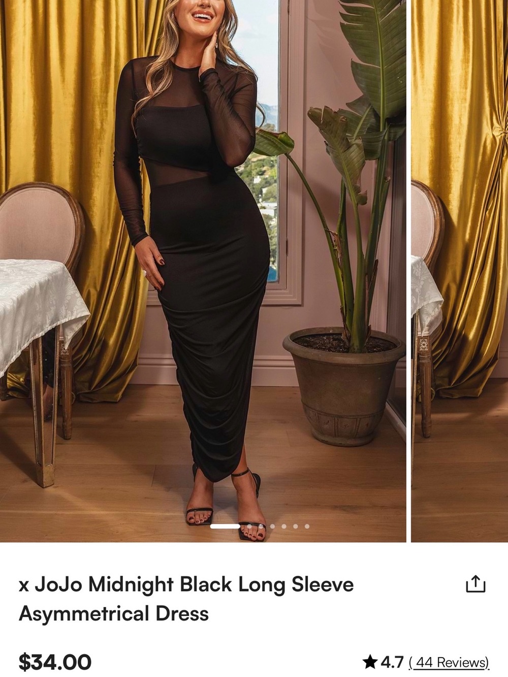 Cupshe Black Sheer-Panel Long Sleeve Midi Dress
